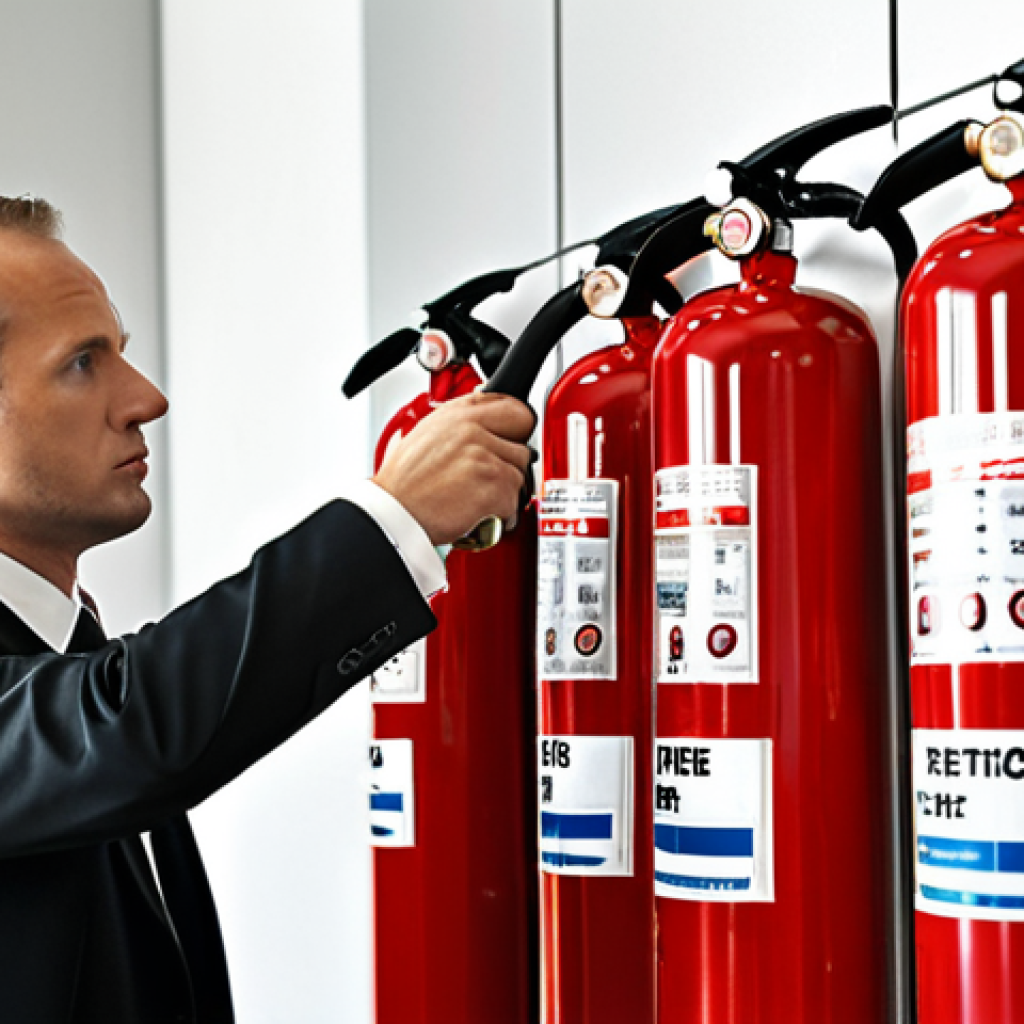 **

A dedicated fire safety manager meticulously inspecting fire extinguishers in a modern office building, highlighting their responsibility and attention to detail. Focus on the professional's concentration and the importance of preventative measures.

**