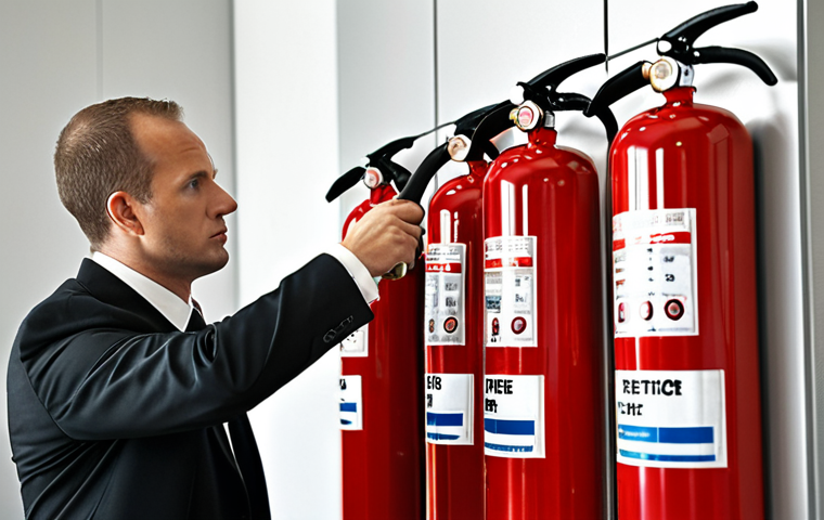 **

A dedicated fire safety manager meticulously inspecting fire extinguishers in a modern office building, highlighting their responsibility and attention to detail. Focus on the professional's concentration and the importance of preventative measures.

**