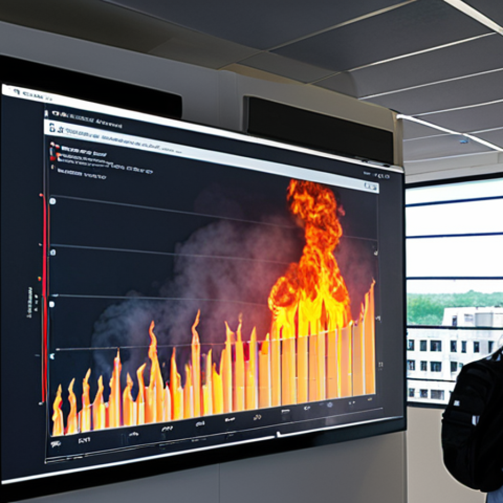 ** A network of IoT sensors in a smart building, detecting smoke and temperature anomalies. Data is visualized on a dashboard, highlighting potential fire risks. People are observing the data and coordinating a response.

**