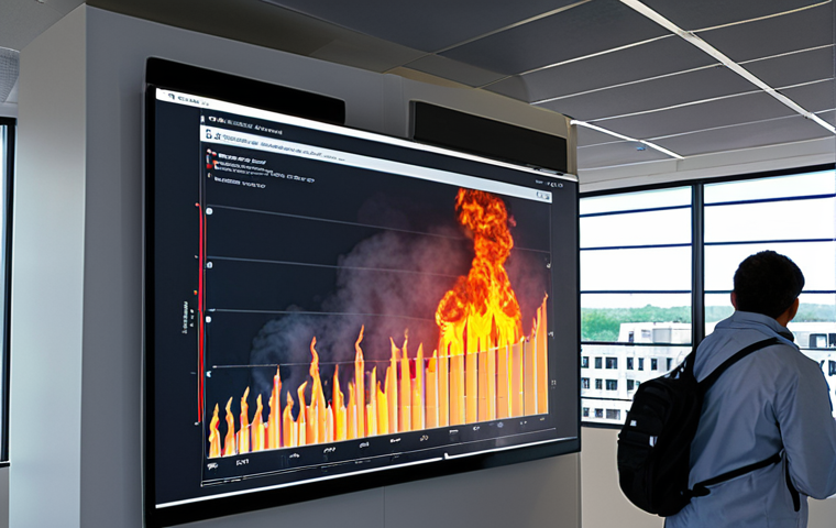 ** A network of IoT sensors in a smart building, detecting smoke and temperature anomalies. Data is visualized on a dashboard, highlighting potential fire risks. People are observing the data and coordinating a response.

**