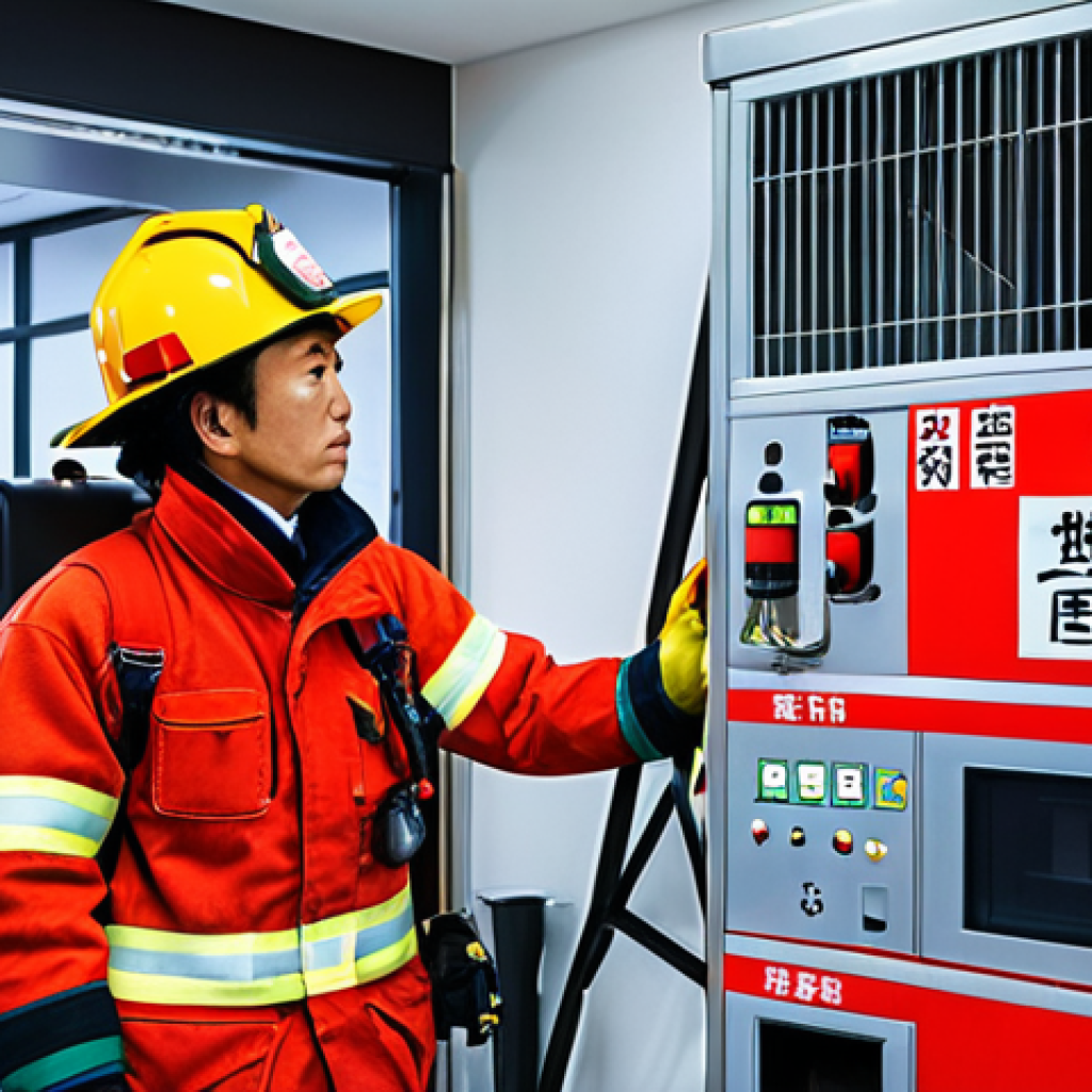 **

Prompt: Japanese firefighter in modern gear inspecting a building's fire safety system, incorporating kanji characters for "fire safety" (防火) in the background, emphasizing meticulous attention to detail, bright and professional setting.

**