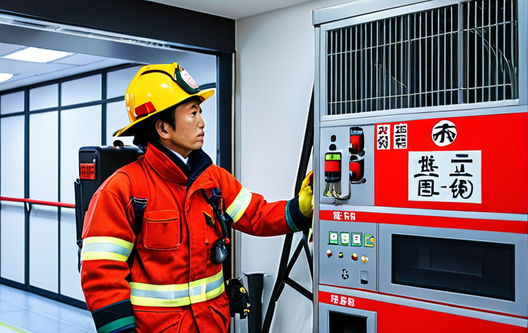 **

Prompt: Japanese firefighter in modern gear inspecting a building's fire safety system, incorporating kanji characters for "fire safety" (防火) in the background, emphasizing meticulous attention to detail, bright and professional setting.

**