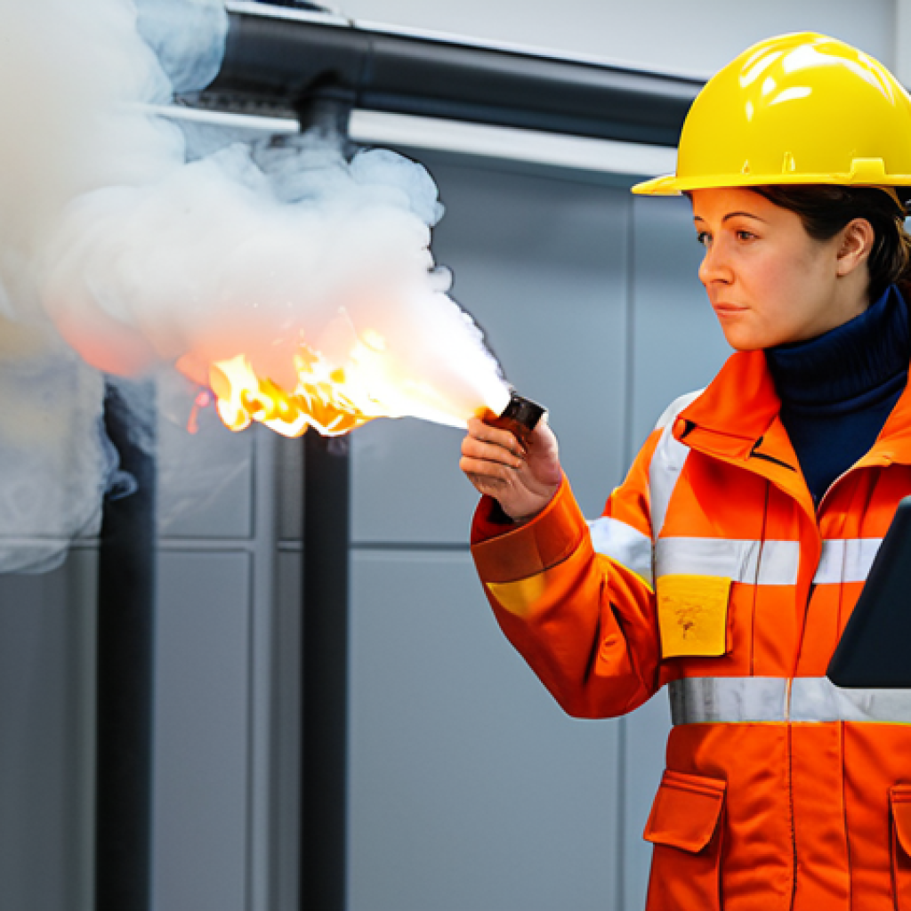 A professional female fire safety expert, in a modest work uniform and safety vest, observing a realistic simulated fire drill inside a training facility with controlled smoke. She holds a tablet, focused on the unfolding scenario, demonstrating quick response and adaptability. The environment is well-lit, showing detailed training equipment. Professional photography, high quality, realistic, perfect anatomy, correct proportions, well-formed hands, proper finger count, natural body proportions, safe for work, appropriate content, fully clothed, modest clothing, family-friendly.