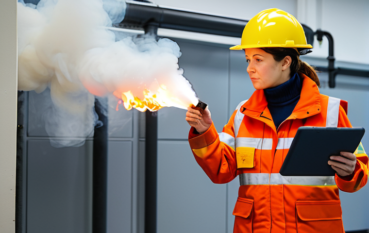 A professional female fire safety expert, in a modest work uniform and safety vest, observing a realistic simulated fire drill inside a training facility with controlled smoke. She holds a tablet, focused on the unfolding scenario, demonstrating quick response and adaptability. The environment is well-lit, showing detailed training equipment. Professional photography, high quality, realistic, perfect anatomy, correct proportions, well-formed hands, proper finger count, natural body proportions, safe for work, appropriate content, fully clothed, modest clothing, family-friendly.