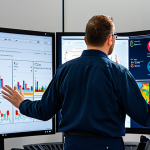 A professional safety engineer in modest professional attire, fully clothed, standing in a state-of-the-art fire safety control center. The engineer is looking at a large wall-mounted display showing real-time data visualizations from smart sensors, highlighting areas of subtle temperature increase and air composition changes within a facility. The screen displays predictive analytics powered by AI, indicating a potential fire risk before smoke or flames appear. The background features server racks and multiple monitors with complex data streams. safe for work, appropriate content, perfect anatomy, correct proportions, natural pose, well-formed hands, proper finger count, natural body proportions, professional photography, high quality, detailed, realistic.