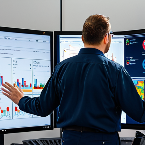 A professional safety engineer in modest professional attire, fully clothed, standing in a state-of-the-art fire safety control center. The engineer is looking at a large wall-mounted display showing real-time data visualizations from smart sensors, highlighting areas of subtle temperature increase and air composition changes within a facility. The screen displays predictive analytics powered by AI, indicating a potential fire risk before smoke or flames appear. The background features server racks and multiple monitors with complex data streams. safe for work, appropriate content, perfect anatomy, correct proportions, natural pose, well-formed hands, proper finger count, natural body proportions, professional photography, high quality, detailed, realistic.