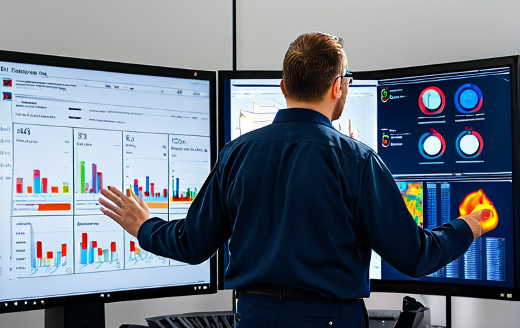 A professional safety engineer in modest professional attire, fully clothed, standing in a state-of-the-art fire safety control center. The engineer is looking at a large wall-mounted display showing real-time data visualizations from smart sensors, highlighting areas of subtle temperature increase and air composition changes within a facility. The screen displays predictive analytics powered by AI, indicating a potential fire risk before smoke or flames appear. The background features server racks and multiple monitors with complex data streams. safe for work, appropriate content, perfect anatomy, correct proportions, natural pose, well-formed hands, proper finger count, natural body proportions, professional photography, high quality, detailed, realistic.