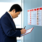 **Prompt:** A seasoned fire safety manager, wearing a professional suit, inspecting a modern office building in Tokyo, clipboard in hand, checking fire extinguishers and exit signs, ensuring compliance with regulations, bright daylight, realistic detail, "safe for work", "appropriate content", "fully clothed", "professional".