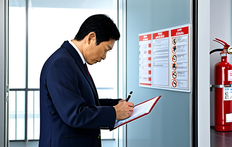 **Prompt:** A seasoned fire safety manager, wearing a professional suit, inspecting a modern office building in Tokyo, clipboard in hand, checking fire extinguishers and exit signs, ensuring compliance with regulations, bright daylight, realistic detail, "safe for work", "appropriate content", "fully clothed", "professional".