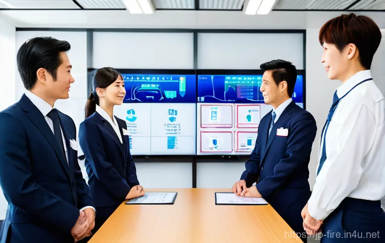 화재안전관리 직무에서의 성과 평가 방법 - **Prompt:** A diverse team of Japanese fire safety managers, both male and female, in a bright, mode...