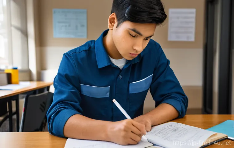 화재안전관리 실기시험 대비 실습 팁 - **Prompt:** A young adult, either male or female, sits at a well-lit desk, deeply engrossed in study...