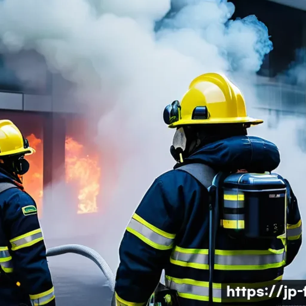 화재안전관리 실무에서의 문제 해결 방법 - A realistic emergency fire response scene in a modern Japanese office building, showing a calm and f...