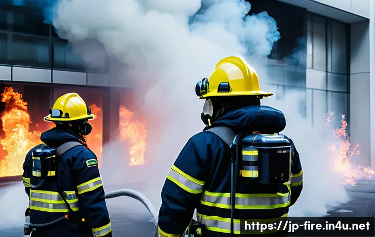 화재안전관리 실무에서의 문제 해결 방법 - A realistic emergency fire response scene in a modern Japanese office building, showing a calm and f...