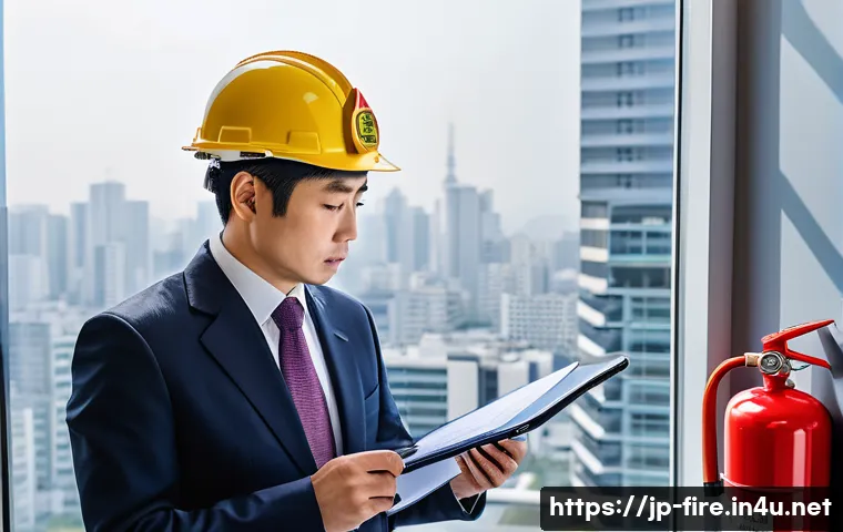 화재안전관리 자격증의 법적 효력 - A professional Japanese fire safety manager in modern office attire, wearing a safety helmet and hol...