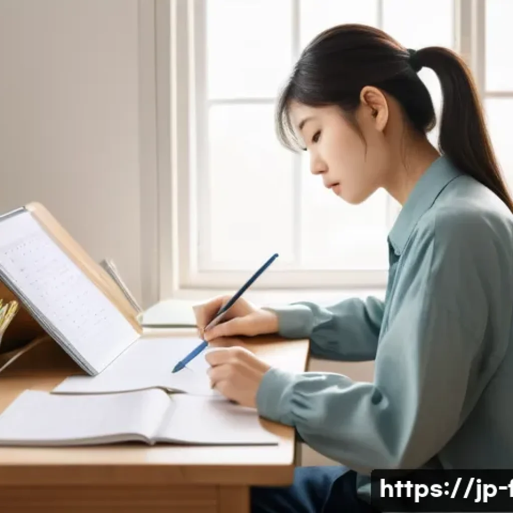 화재안전관리 기술자 시험 공부시간 분배법 - A modern Japanese study room scene showing a young adult focused on exam preparation, sitting at a m...