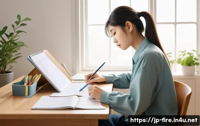화재안전관리 기술자 시험 공부시간 분배법 - A modern Japanese study room scene showing a young adult focused on exam preparation, sitting at a m...