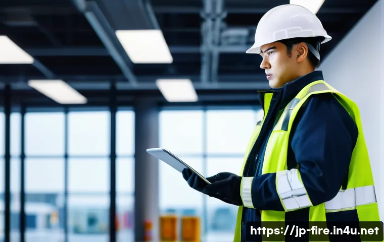 화재안전관리기술자의 경력 관리 방법 - A professional fire safety engineer wearing smart business casual attire and safety gear including a...