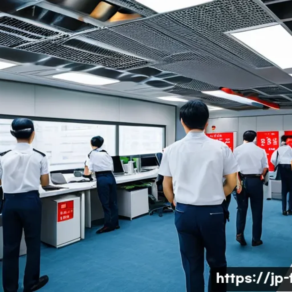 화재안전관리 실무에서의 문제 해결과 성공 사례 - A modern Japanese office building interior during a fire emergency drill, showing diverse staff memb...