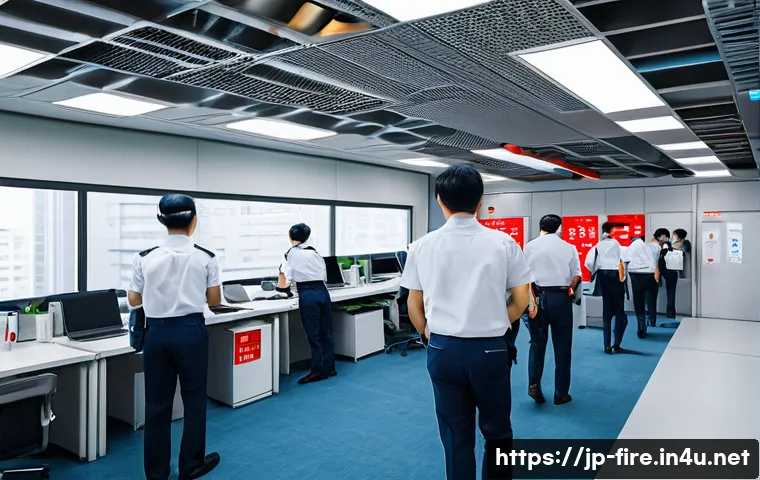 화재안전관리 실무에서의 문제 해결과 성공 사례 - A modern Japanese office building interior during a fire emergency drill, showing diverse staff memb...