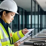 화재안전관리 기술자의 주요 직무 및 책임 분석 - A professional Japanese fire safety engineer conducting a detailed on-site risk assessment inside a ...