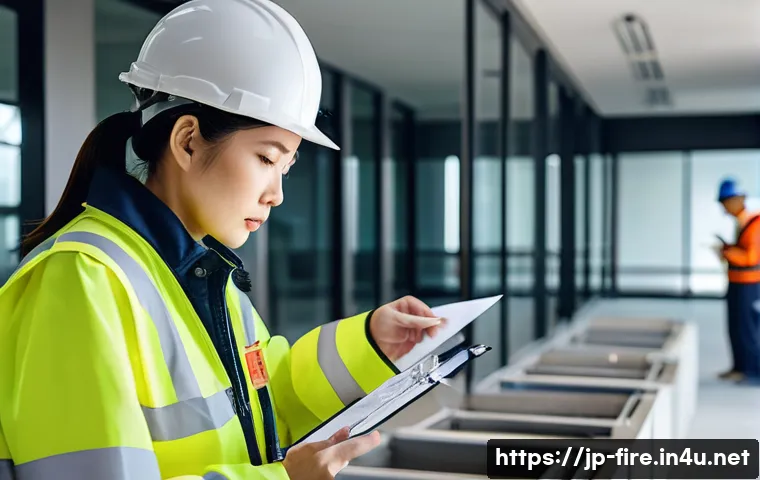 화재안전관리 기술자의 주요 직무 및 책임 분석 - A professional Japanese fire safety engineer conducting a detailed on-site risk assessment inside a ...