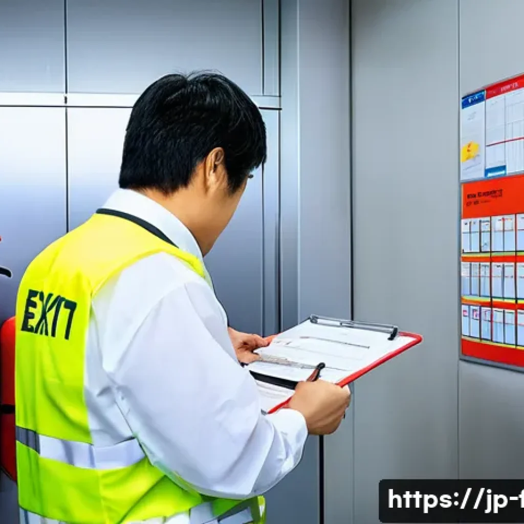 화재안전관리 기술자와 소방안전관리자의 차이 - A detailed scene inside a modern Japanese office building’s fire safety control room, showing a dili...