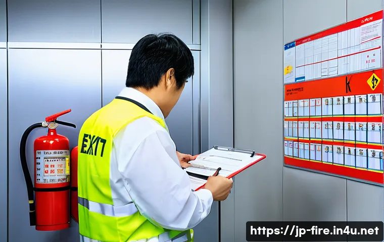 화재안전관리 기술자와 소방안전관리자의 차이 - A detailed scene inside a modern Japanese office building’s fire safety control room, showing a dili...