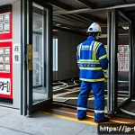 화재안전관리 실무와 학술의 접점 - A detailed scene of a modern Japanese commercial building’s fire safety inspection in progress, feat...