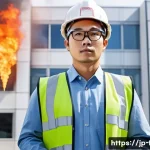 화재안전관리기술자의 경력 개발 로드맵 - A professional Japanese fire safety engineer in business casual attire wearing safety glasses and ho...