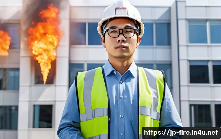 화재안전관리기술자의 경력 개발 로드맵 - A professional Japanese fire safety engineer in business casual attire wearing safety glasses and ho...