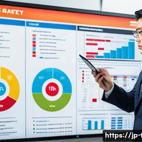 화재안전관리 기술자의 1년 업무 계획 세우기 - A professional Japanese fire safety manager in a modern office, meticulously reviewing an annual fir...