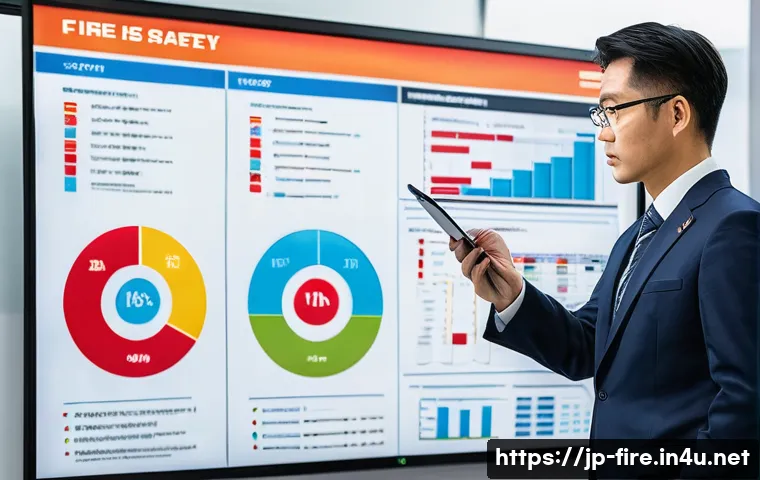 화재안전관리 기술자의 1년 업무 계획 세우기 - A professional Japanese fire safety manager in a modern office, meticulously reviewing an annual fir...