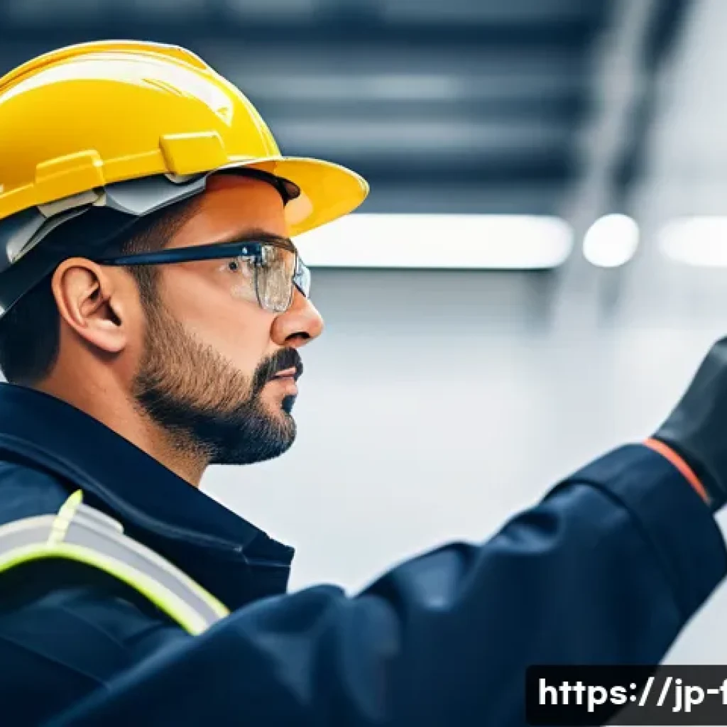 화재안전관리 직무에서 중요한 기술적 요구사항 - A professional fire safety officer attentively inspecting a modern fire sprinkler system in a clean,...