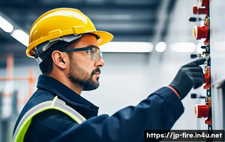 화재안전관리 직무에서 중요한 기술적 요구사항 - A professional fire safety officer attentively inspecting a modern fire sprinkler system in a clean,...