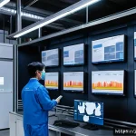 화재안전관리 실무와 관련된 최신 기술 - A high-tech digital fire detection system installed inside a modern factory, featuring sleek high-se...