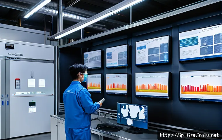 화재안전관리 실무와 관련된 최신 기술 - A high-tech digital fire detection system installed inside a modern factory, featuring sleek high-se...