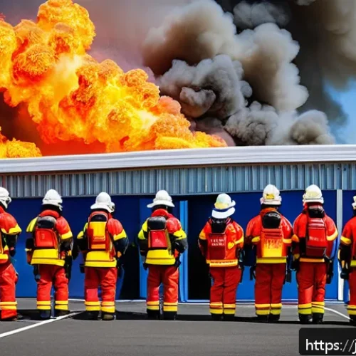 화재안전관리기술자 실습 과정 정리 - A detailed scene of a modern fire safety training session in Japan, featuring diverse trainees dress...
