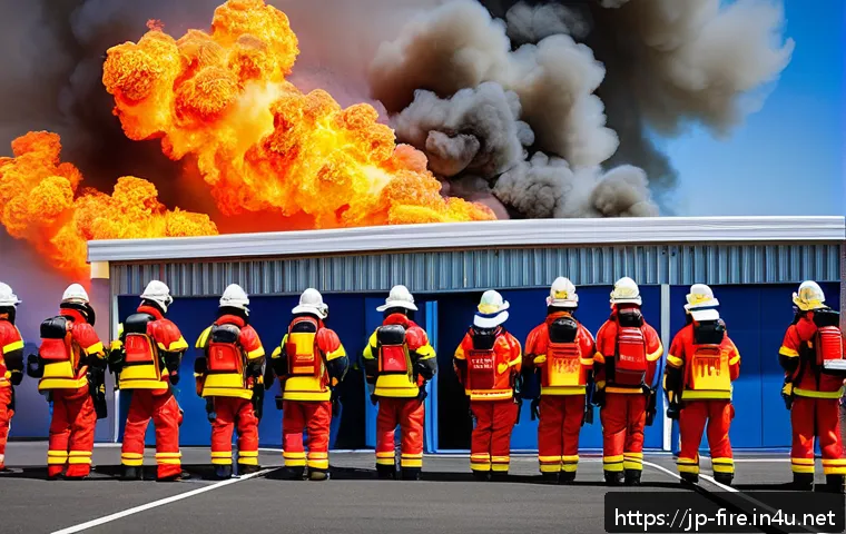 화재안전관리기술자 실습 과정 정리 - A detailed scene of a modern fire safety training session in Japan, featuring diverse trainees dress...