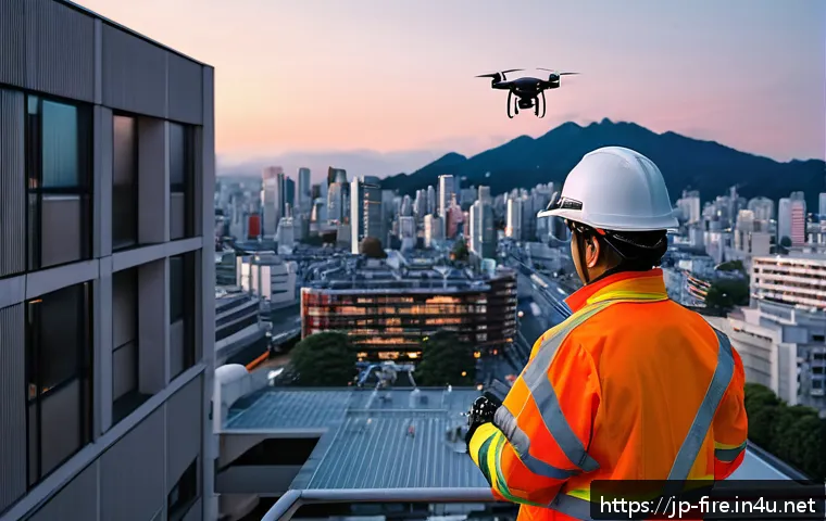 화재안전관리기술자의 지속적인 자기개발 팁 - A professional fire safety manager operating a drone equipped with a high-resolution camera, flying ...