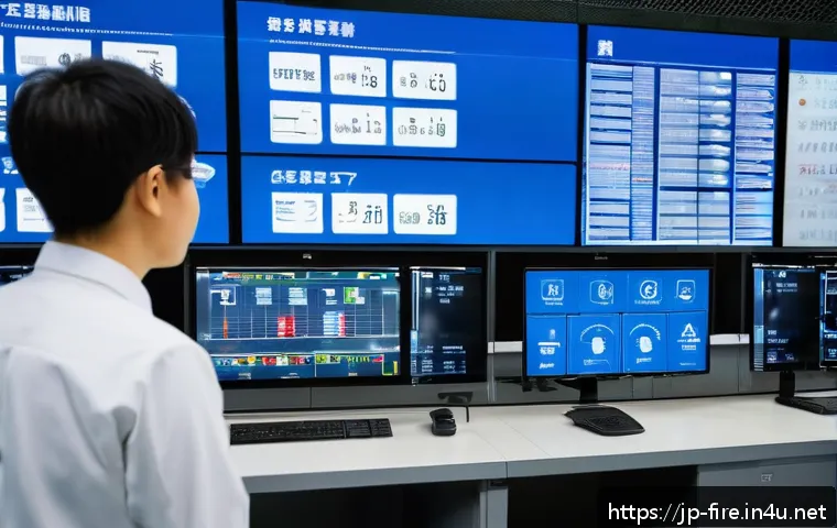 화재안전관리 직무에서의 성과 평가 전략 - A modern industrial facility control room with multiple IoT sensors visibly monitoring temperature, ...
