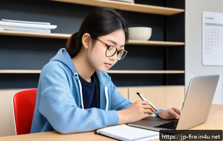 화재안전관리기술자의 자격증 취득 경험담 - A focused Japanese student studying efficiently in a modern, bright room with natural light, using a...