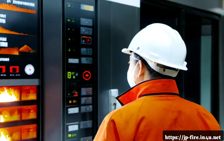 화재안전관리 직종의 미래 전망 - Photorealistic modern fire safety manager in a clean high-rise building control room, inspecting a d...