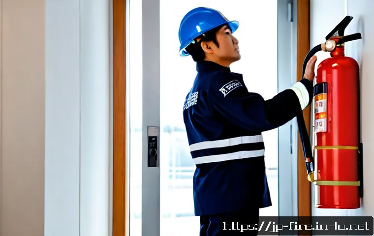 화재안전관리 업무에서의 직무 만족도 - Photorealistic Japanese fire safety manager in a clean modern commercial building, wearing a neat na...