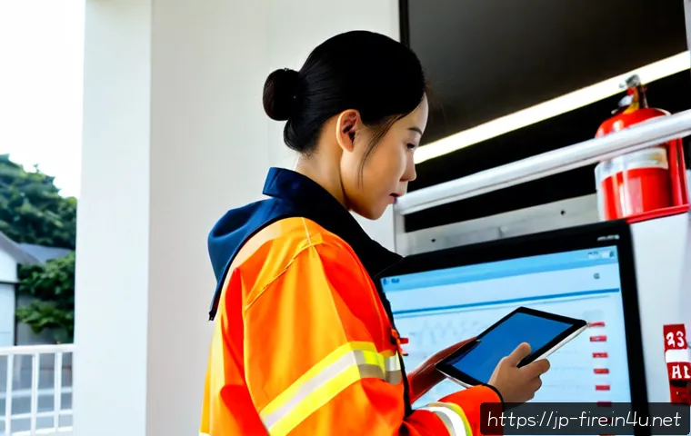 화재안전관리 기술자의 직무에서의 성과 분석 - Photorealistic fire safety technician in clean protective workwear reviewing a tablet with abstract ...