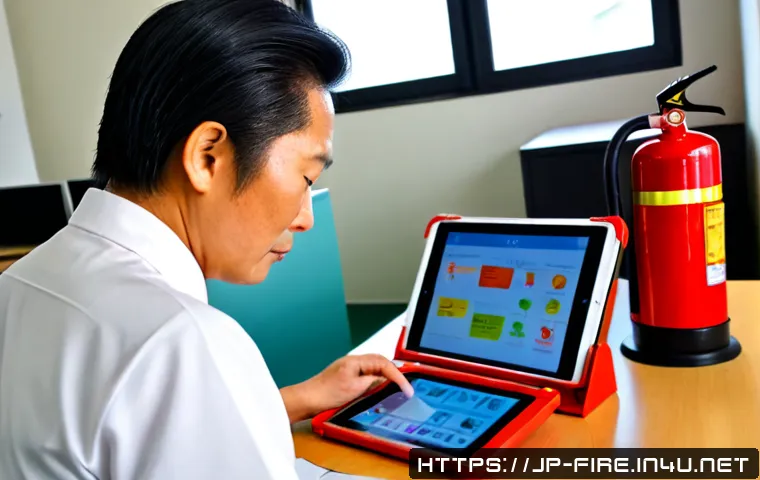 화재안전관리 기출문제 해설 및 풀이 - Photorealistic Japanese fire safety training classroom, a middle-aged safety manager in clean work a...