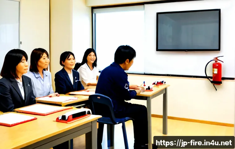 화재안전관리기술자 연수 프로그램 정보 - Photorealistic fire safety management refresher training in a modern Japanese classroom, diverse adu...